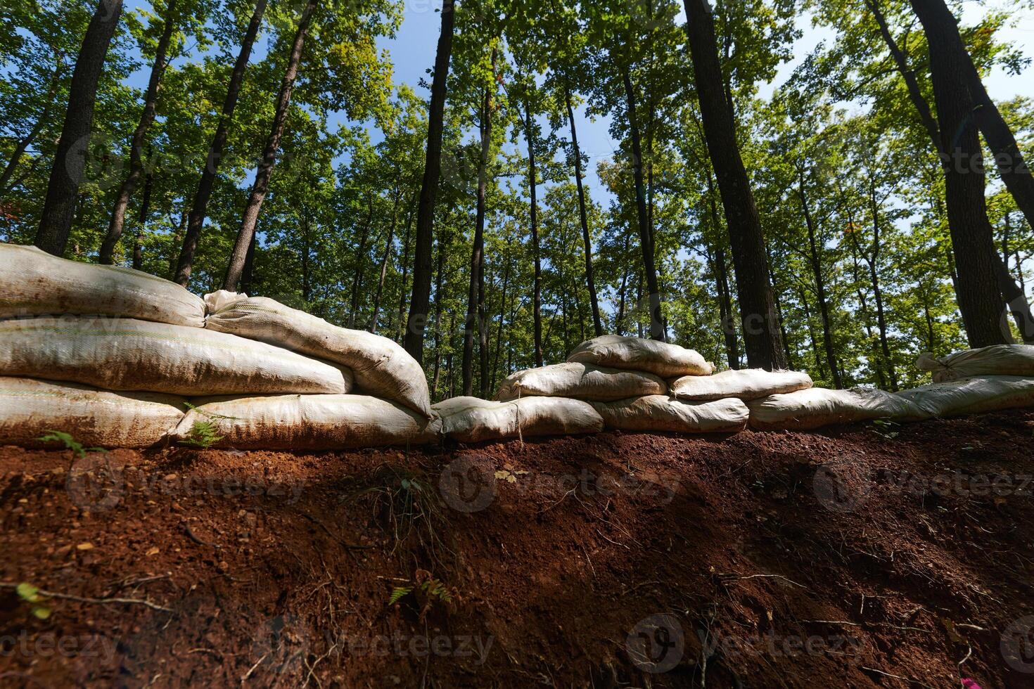 a military unit strategically employs sandbags as a defensive wall, creating a fortified barrier to enhance their safety and protection, showcasing the tactical use of simple yet effective measures photo