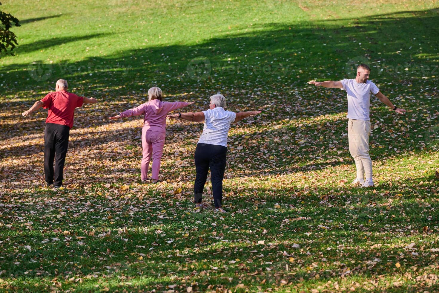 A group of seniors follows a trainer, engaging in outdoor exercises in the park, as they collectively strive to maintain vitality and well-being, embracing an active and health-conscious lifestyle in photo