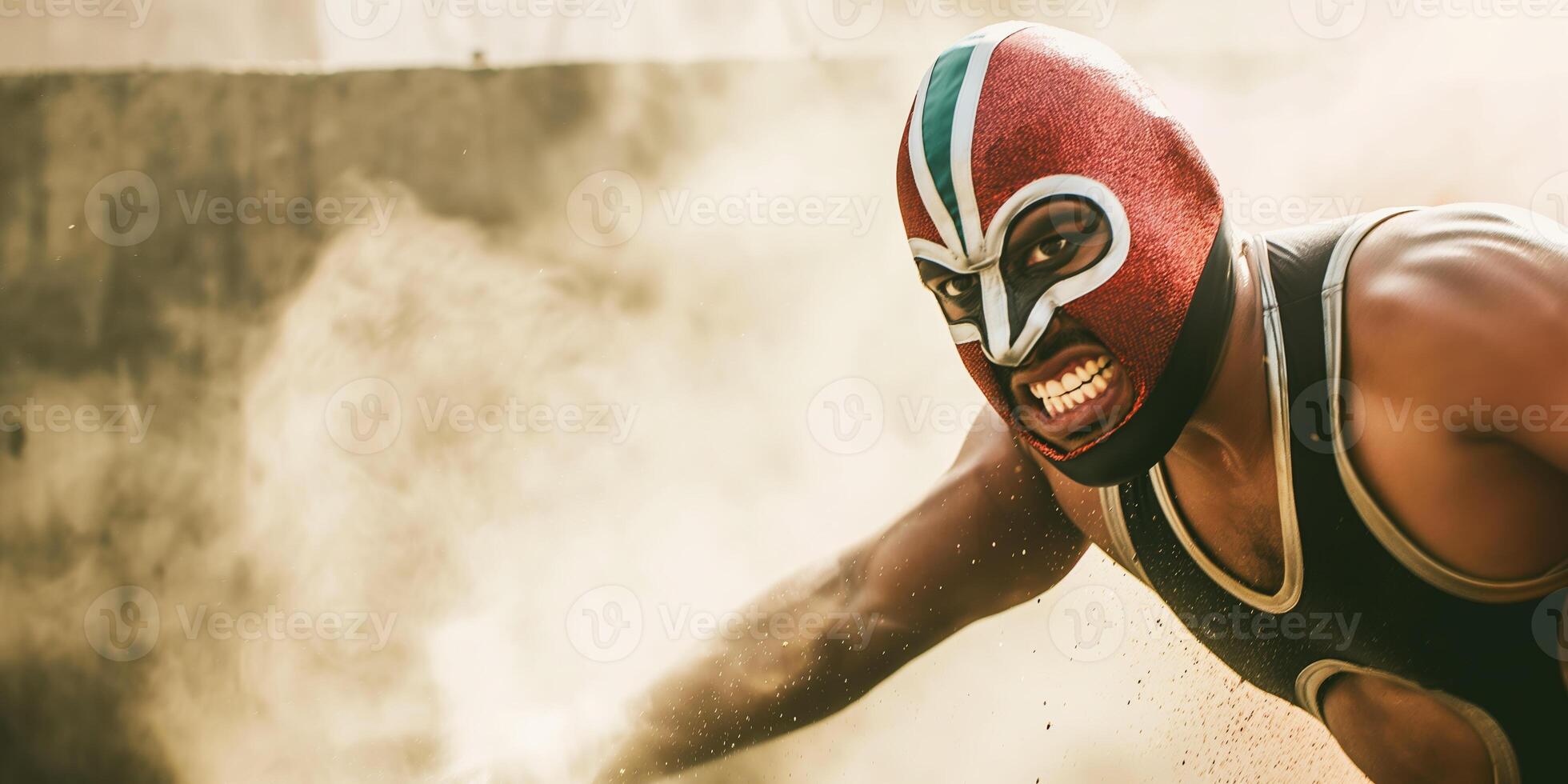 Intense Luchador with Red Mask in a Dusty Arena Displaying Strength and Determination photo