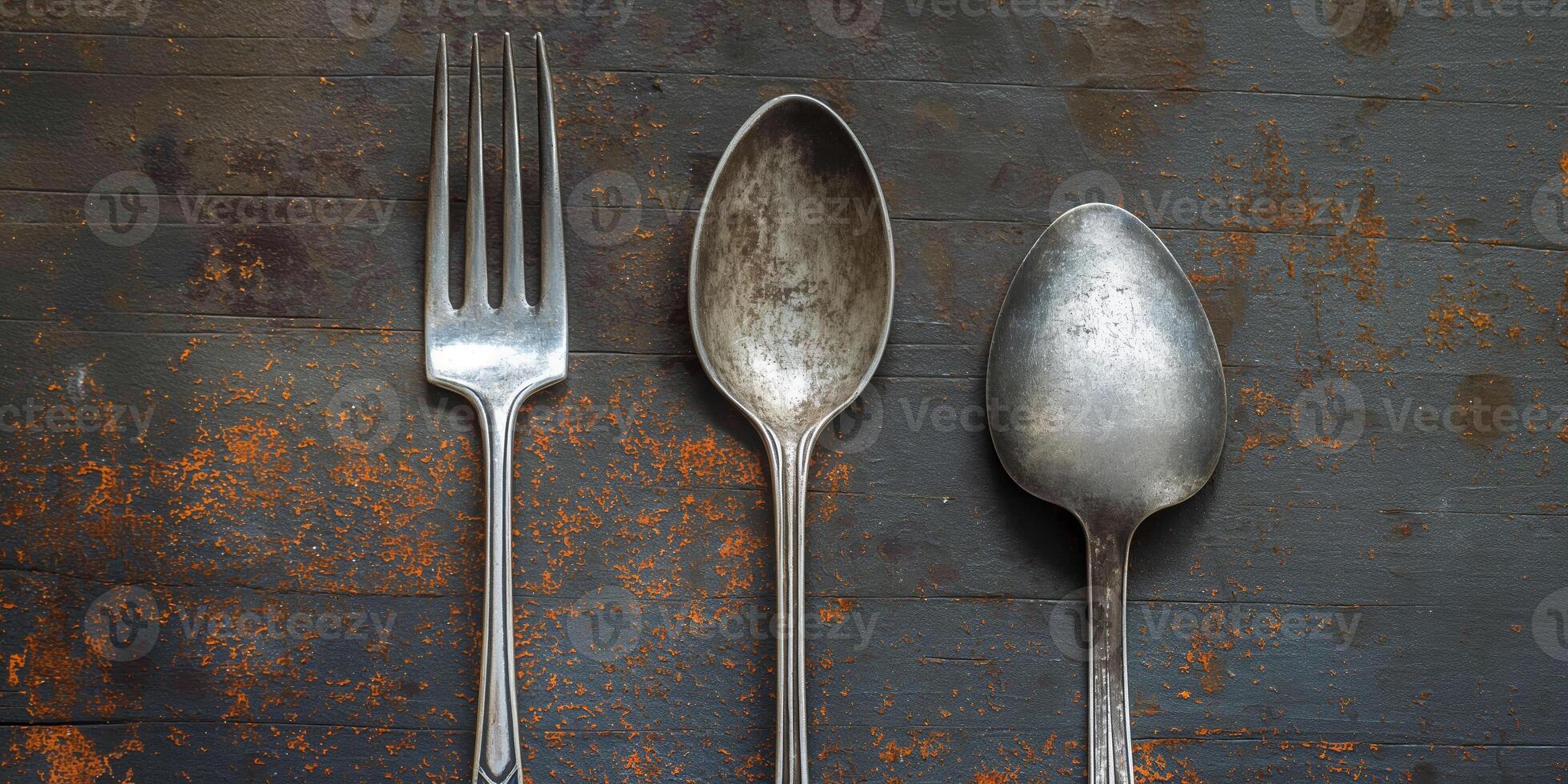 Rustic Vintage Flatware Antique Fork and Spoons on Weathered Wooden Surface photo