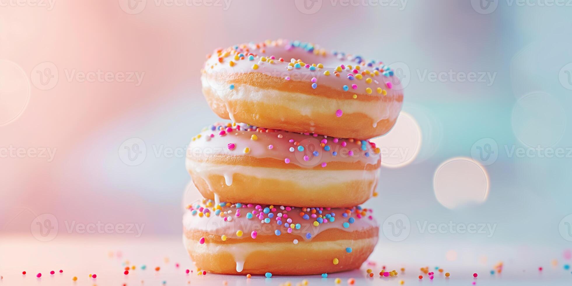 Stack of Glazed Donuts with Colorful Sprinkles and Bokeh Background photo