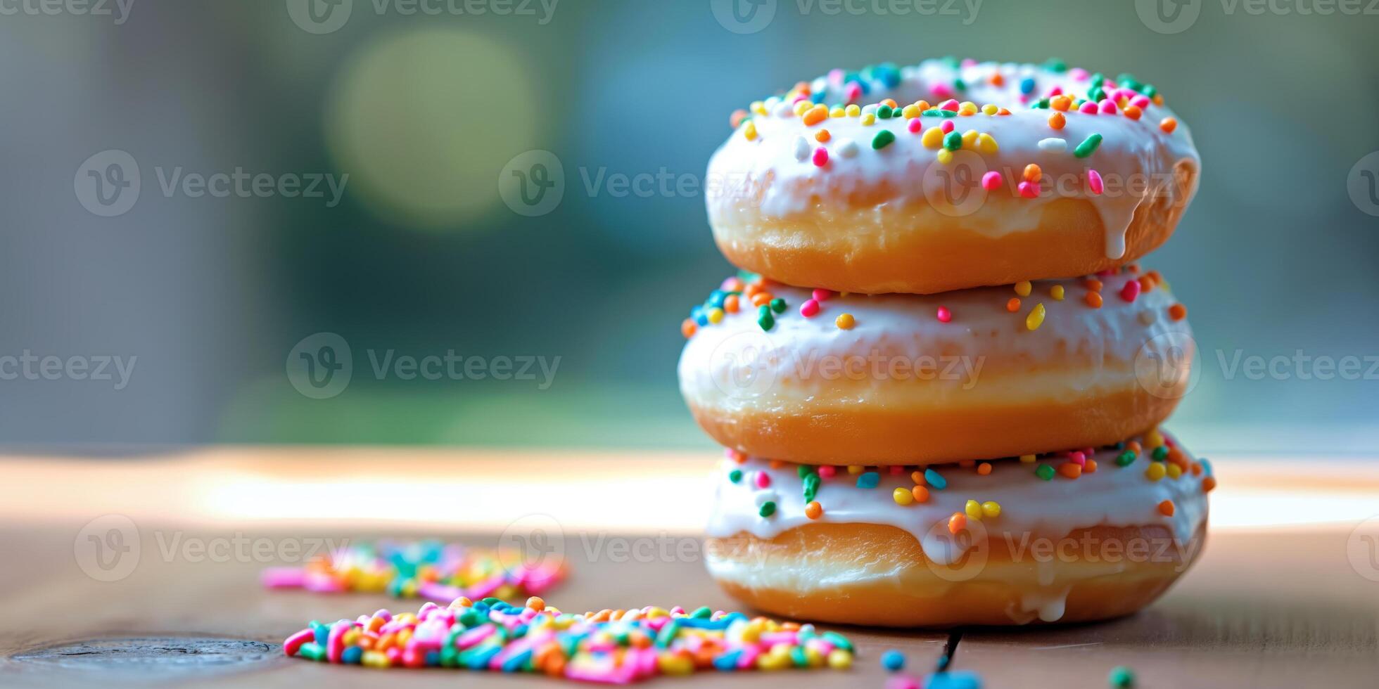 Stacked Glazed Donuts with Colorful Sprinkles on Wooden Background photo