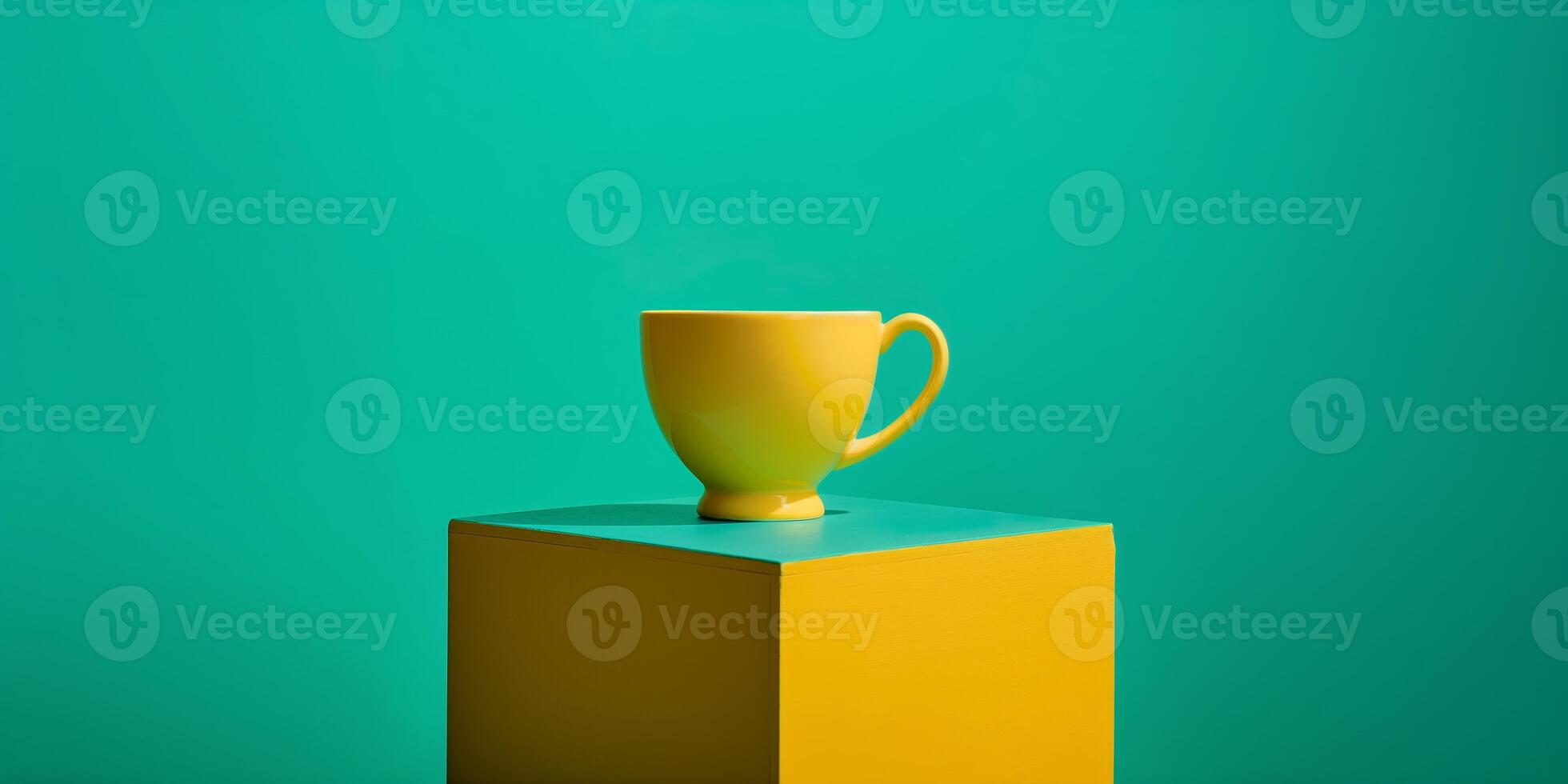 Minimalist Yellow Cup on Matching Pedestal Against Vibrant Teal Background photo