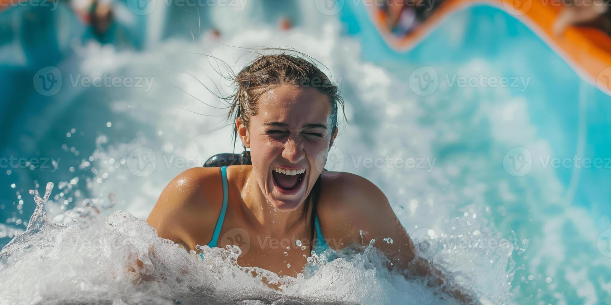 Woman Enjoying Water Slide Thrill at Aquatic Park photo