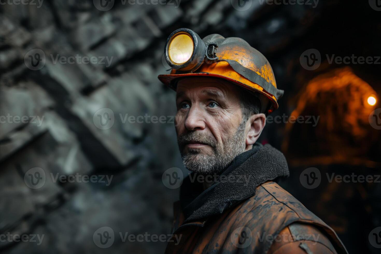 Miner in a Dimly Lit Underground Tunnel Wearing a Headlamp photo