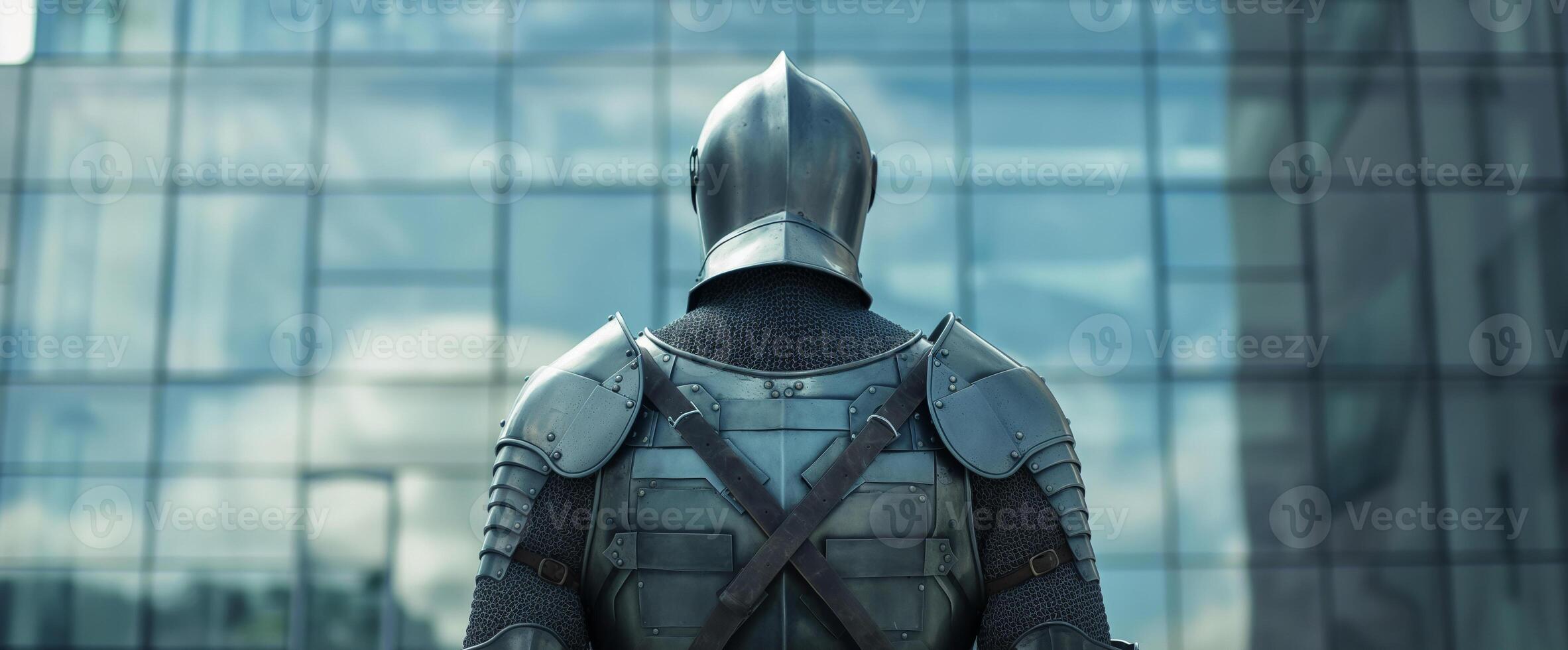 Medieval Knight in Armor Facing Modern Glass Building Contrasting Eras Concept photo