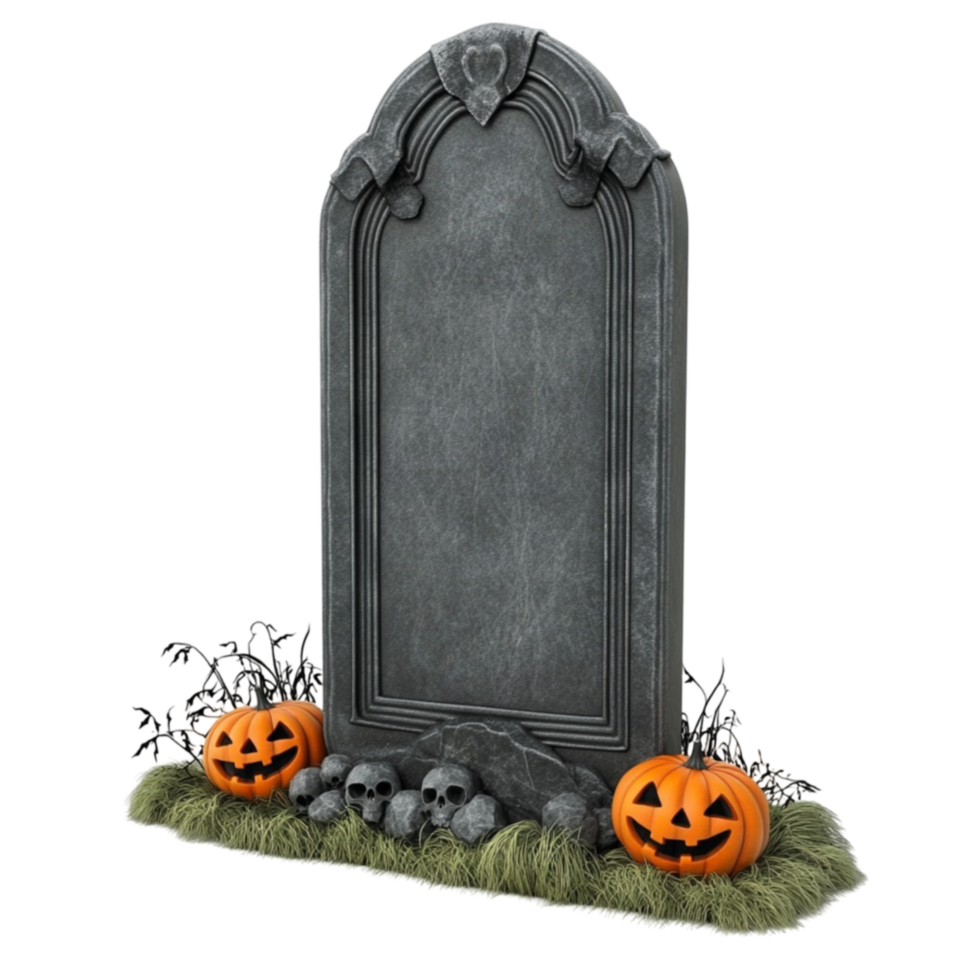 Halloween Themed Tombstone with Carved Face Surrounded by Pumpkins Skeletons and Grass png