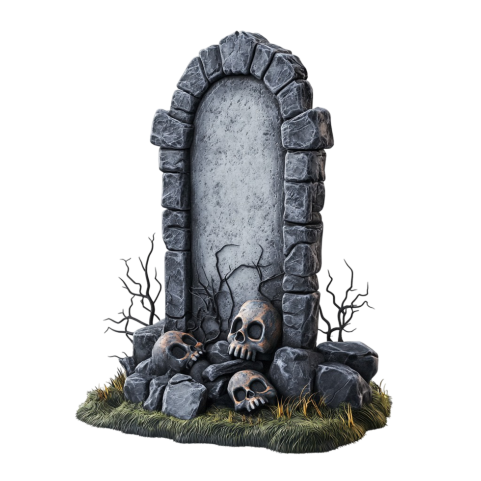 Stone Archway Model Surrounded by Skulls on Grassy Base png