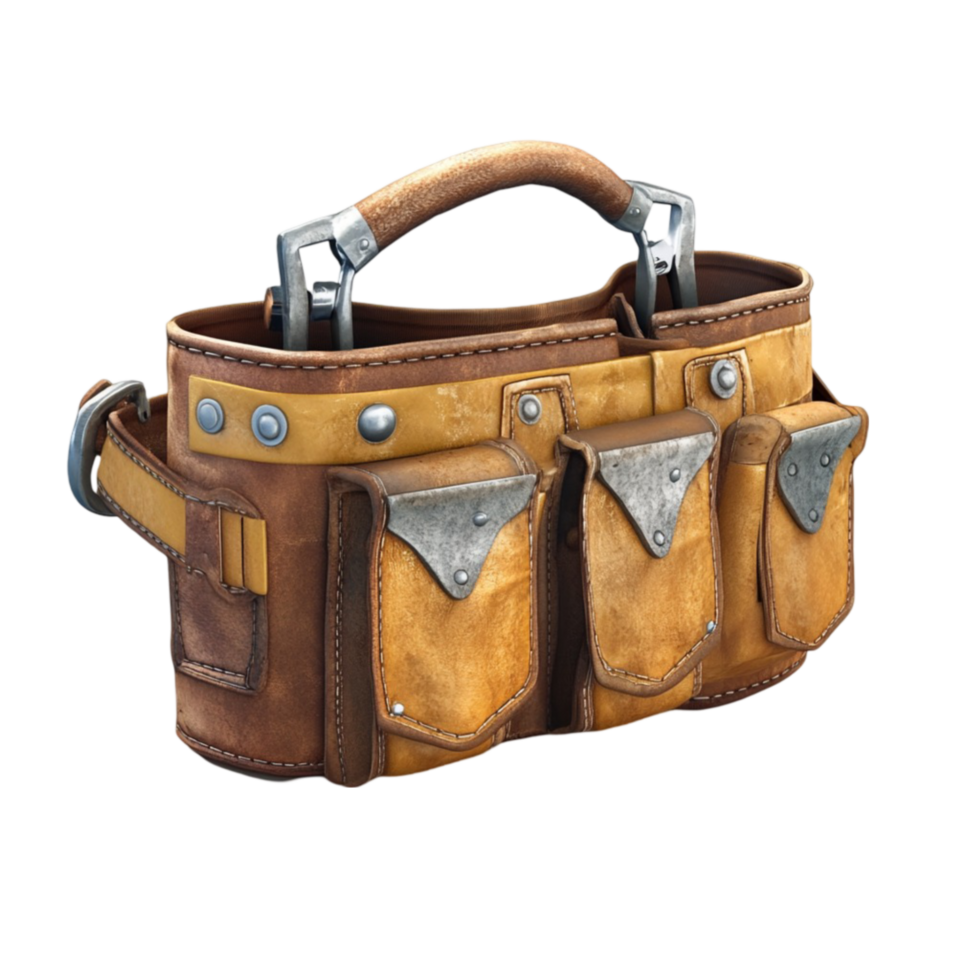 Brown Leather Tool Belt with Multiple Pockets Handle, and Shiny Finish png