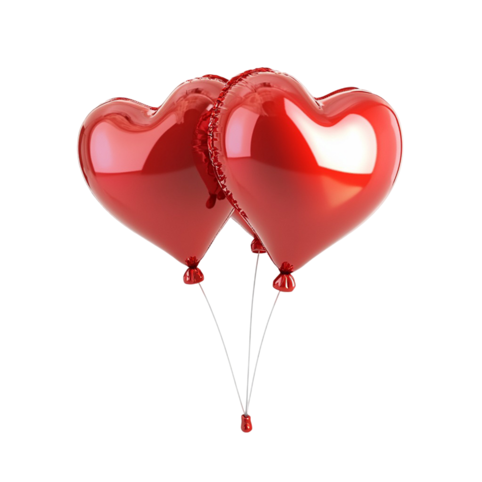 Two Red Heart-Shaped Balloons Floating with Strings and Red Beads png
