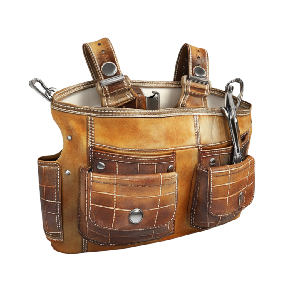 Brown Leather Tool Bag with Multiple Pockets and Straps png
