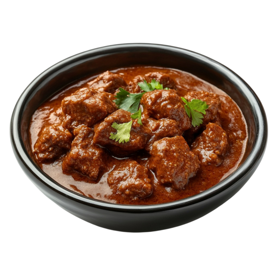 Bowl of Curry with Meat and Spices in a Black Bowl png