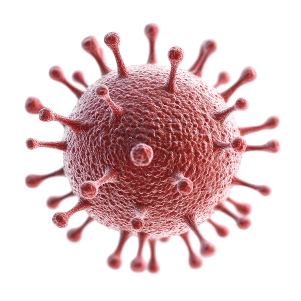 Spherical Virus Particle with Red Center and Protruding Spikes png