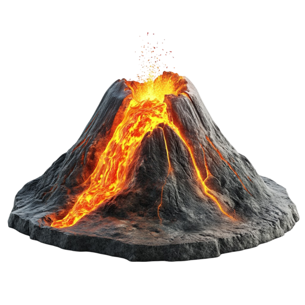 Volcanic Eruption with Fiery Red Lava Flowing Down a Gray Cone png