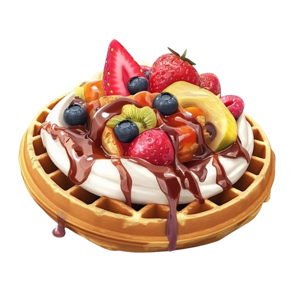 Creative Waffle Topped with Fresh Fruits Chocolate and Rich Caramel Sauce png