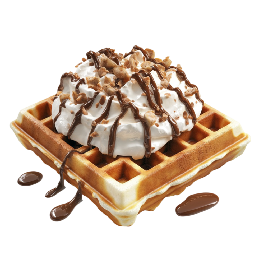Delicious Waffle with Chocolate Syrup Whipped Cream and Chocolate Chips png