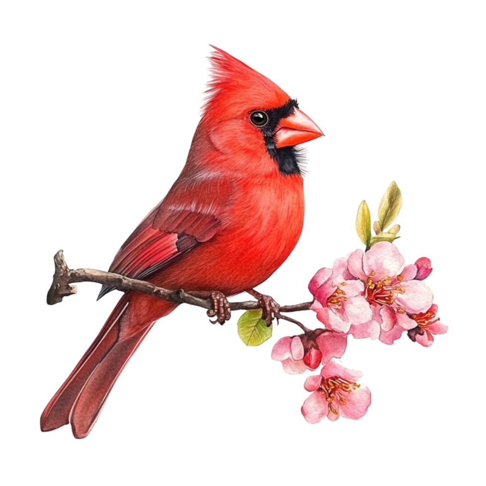 Cardinal Bird Perched on a Branch with Pink Flowers png