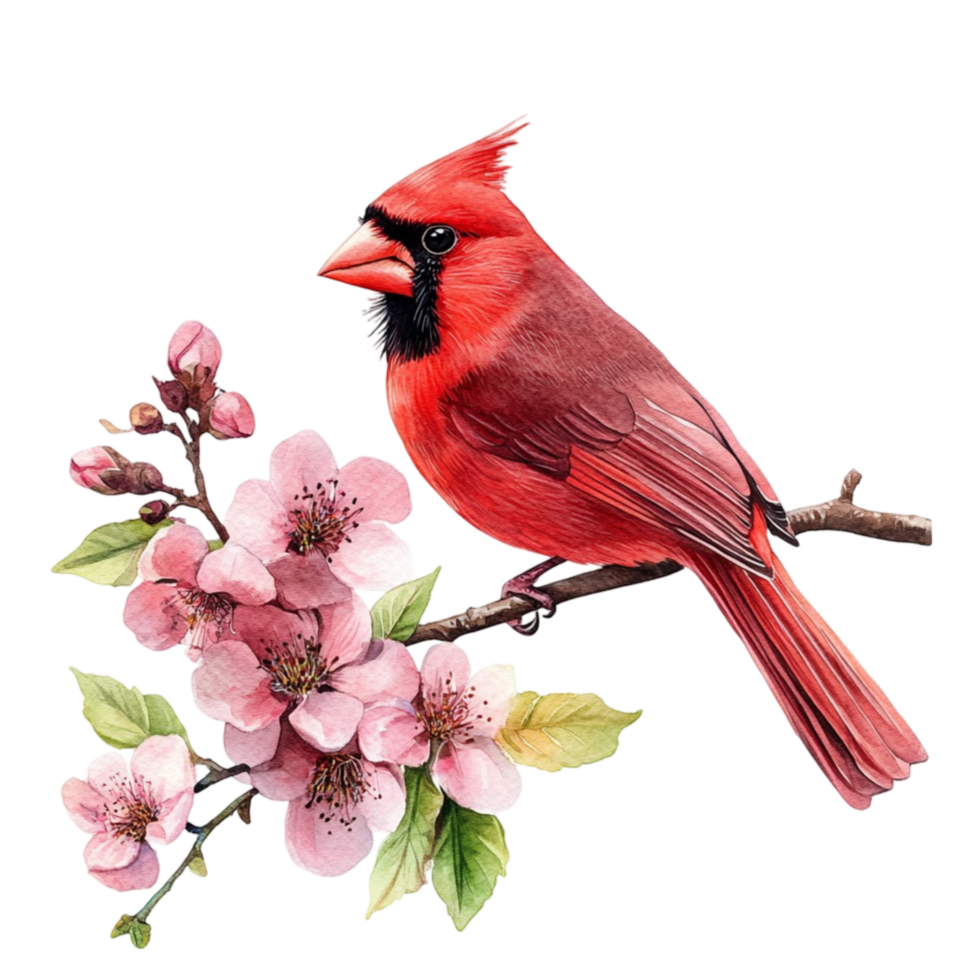 Red Cardinal Perched on a Branch Adorned with Pink Flowers png