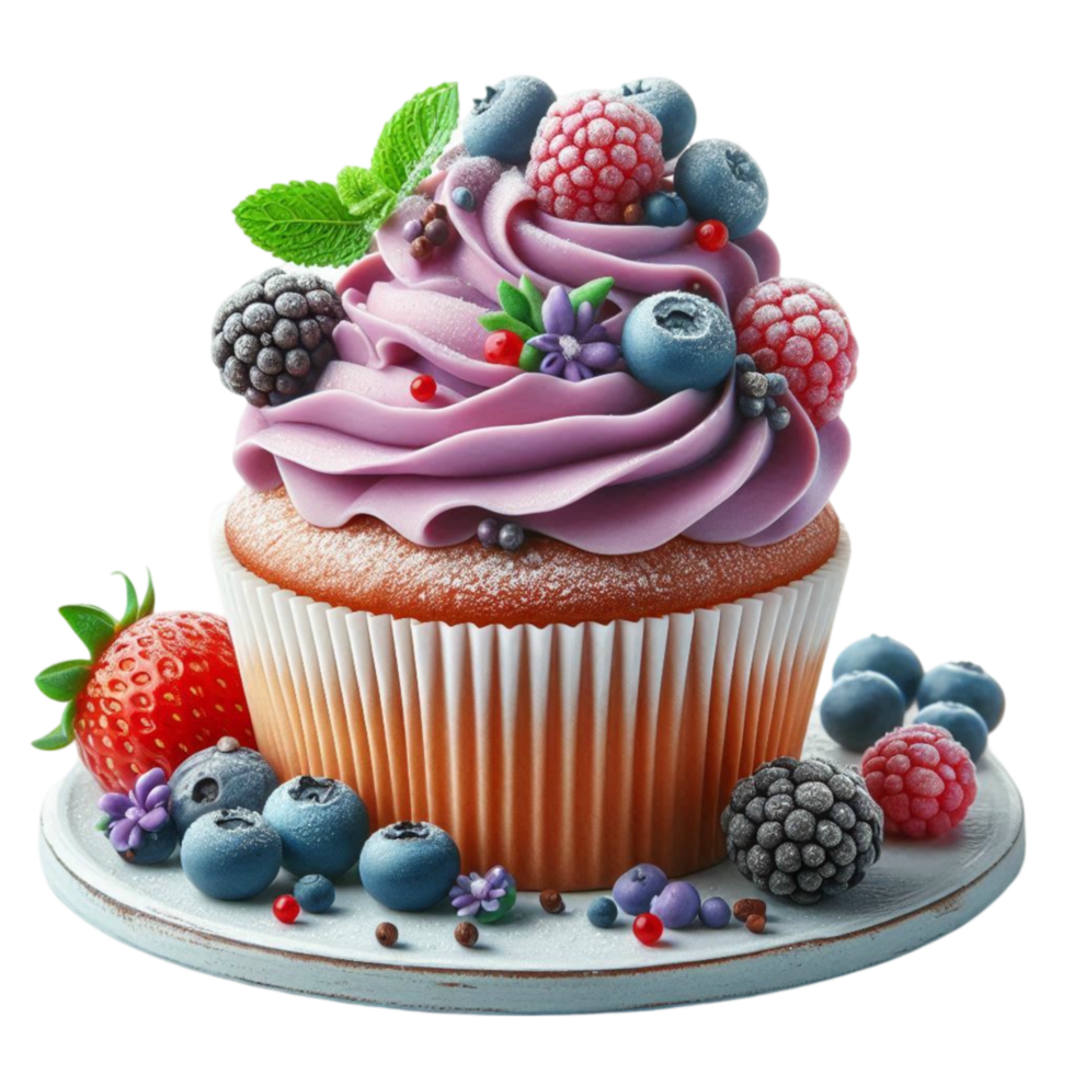 Cupcake Topped with Purple Frosting, Raspberries, Blueberries, Strawberries, and Leaves png