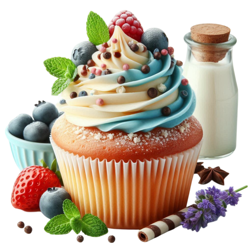 Colorful Cupcake with Blue Frosting and Various Fruit Toppings png