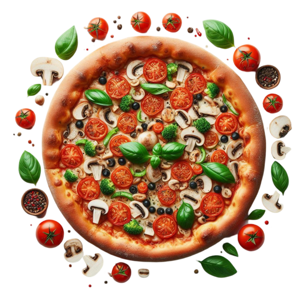 Freshly Baked Pizza with Mushrooms, Olives, and Tomatoes png