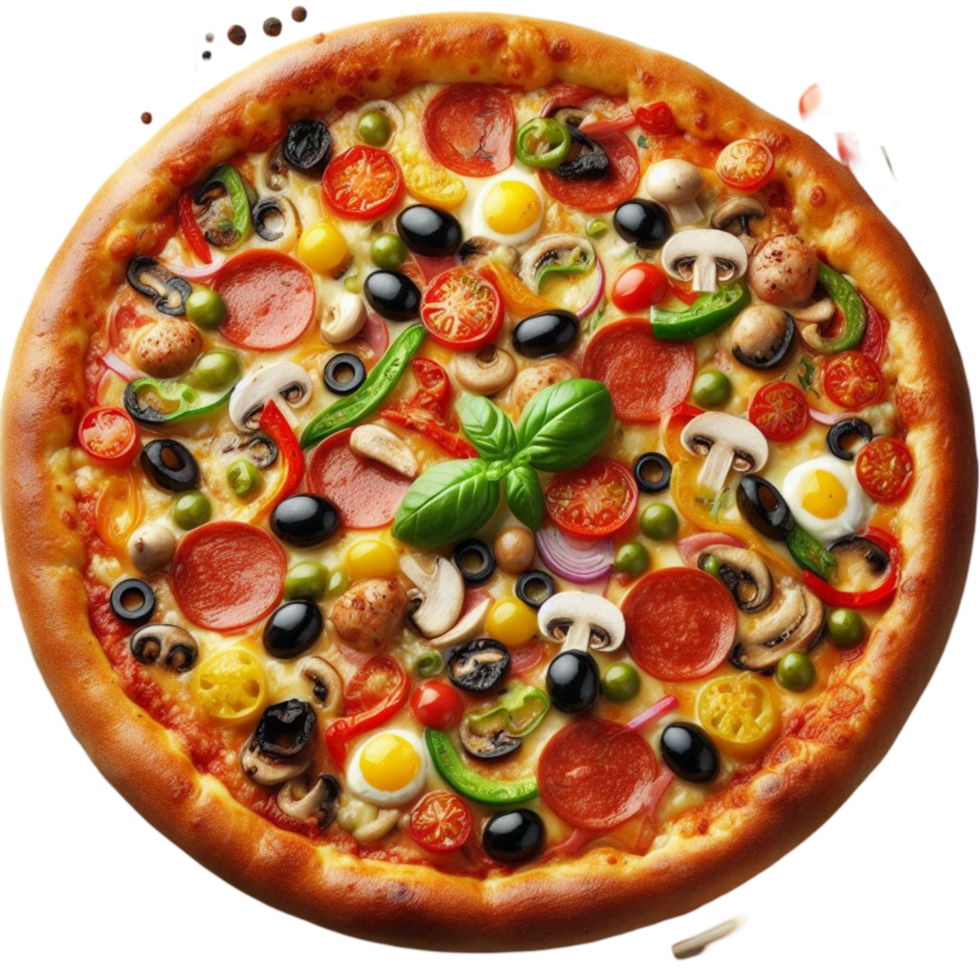 Pizza with Various Toppings Including Pepperoni, Mushrooms, and Spinach png