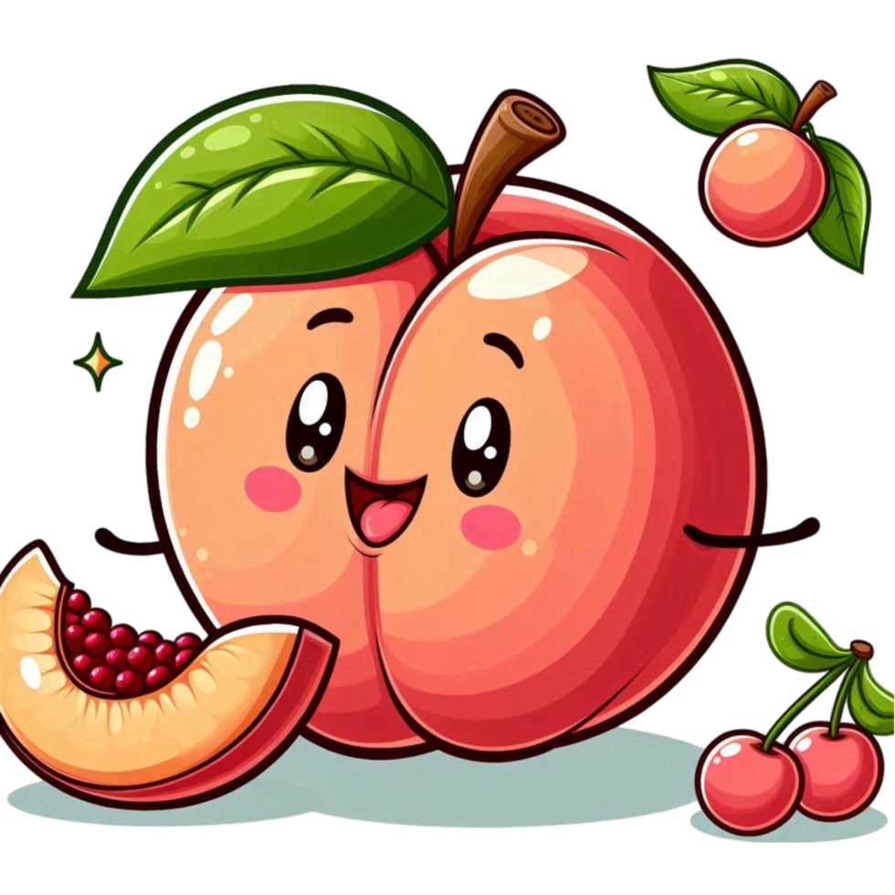 Peach with a Big Smile and Two Green Leaves png