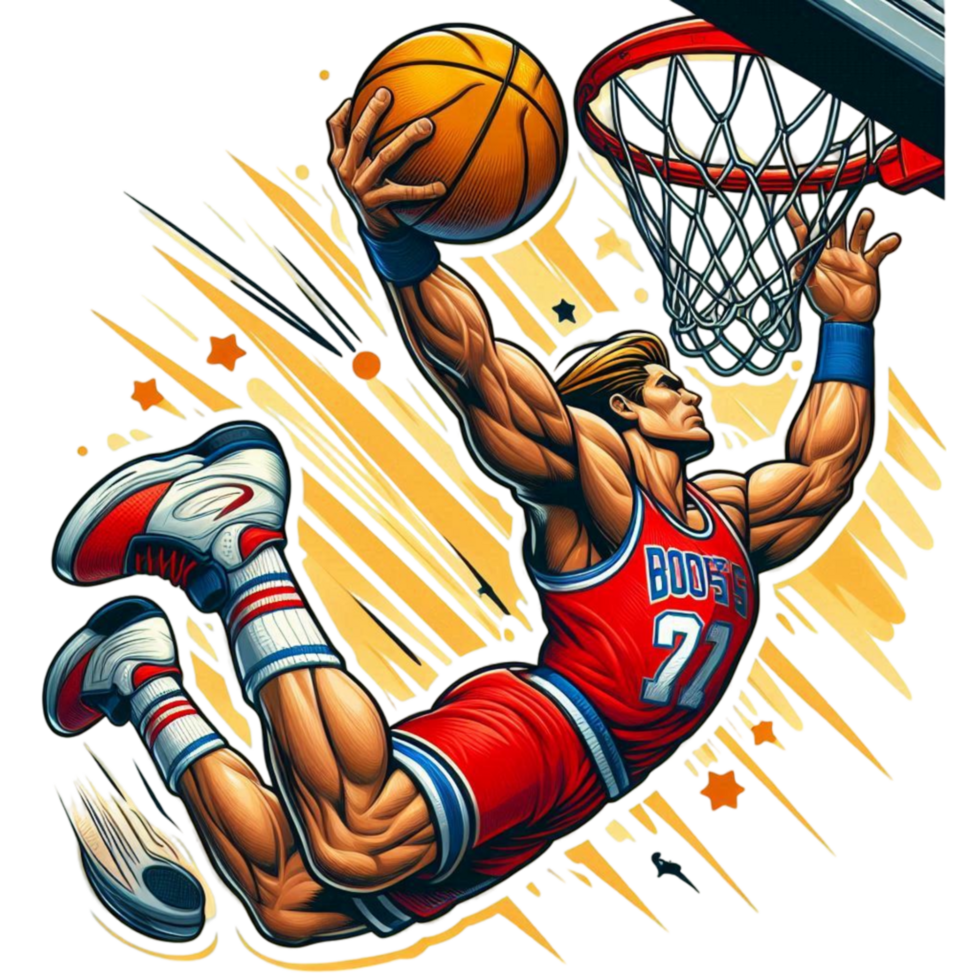 Muscular Man in Red and White Uniform Leaping to Catch a Basketball png