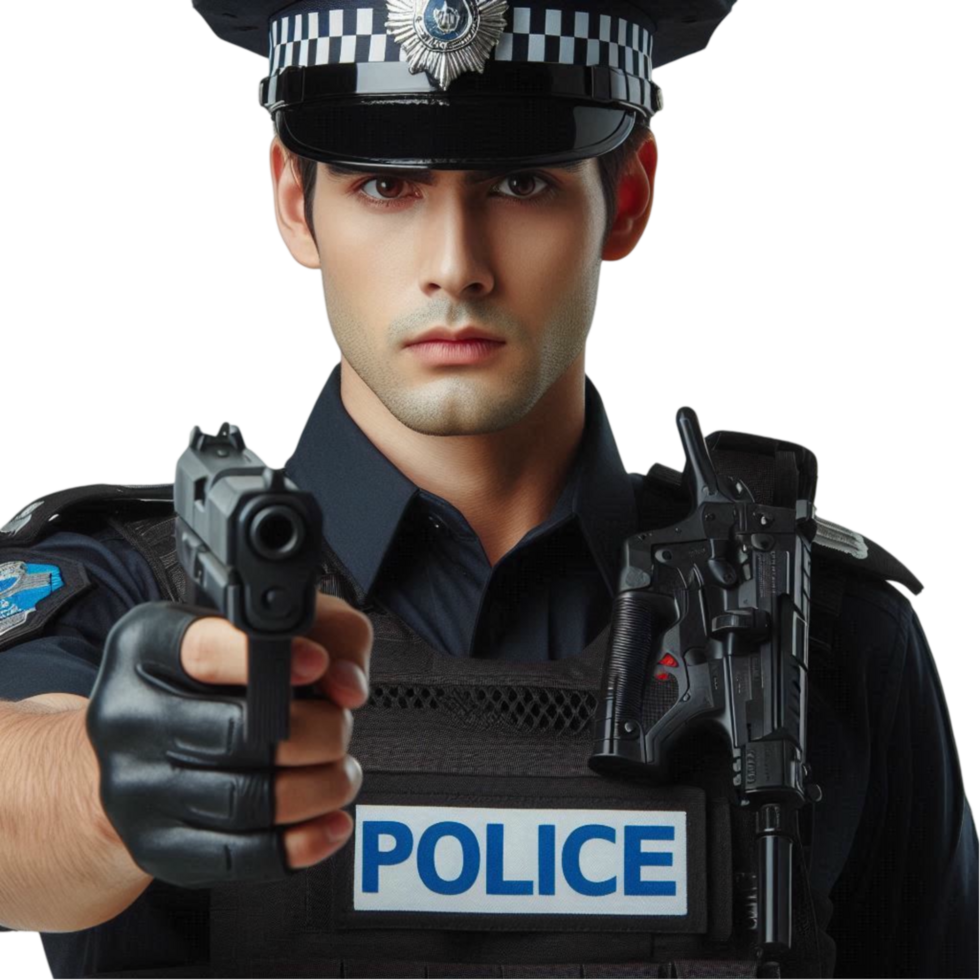 Police Officer Holding Gun and Badge in Uniform png