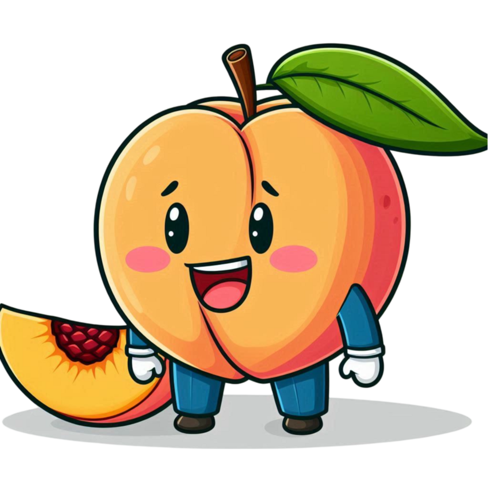 Smiling Orange Peach Cartoon Character with Green Leaf and Peach Slice png