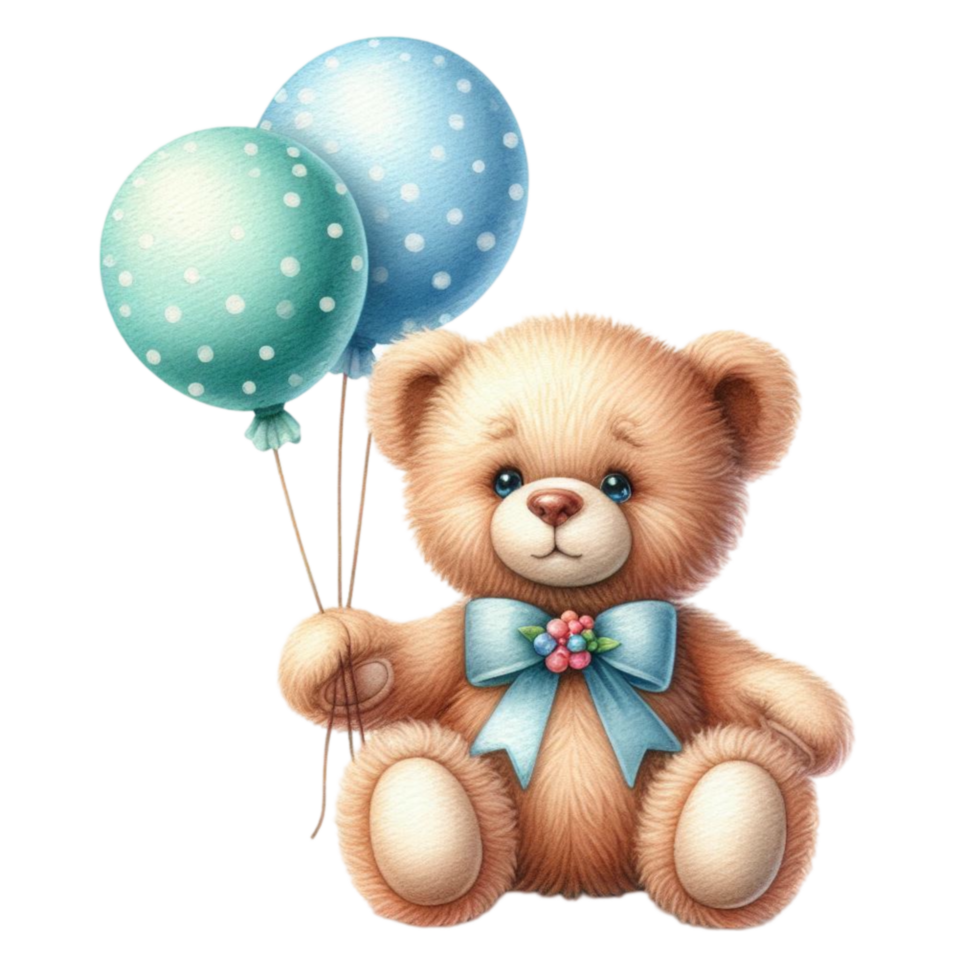 Charming Brown Teddy Bear Holding Two Blue Balloons png