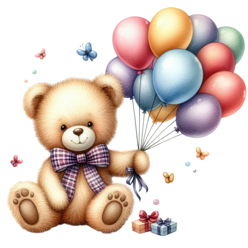 Cute Teddy Bear Holding a Colorful Balloon Bouquet png