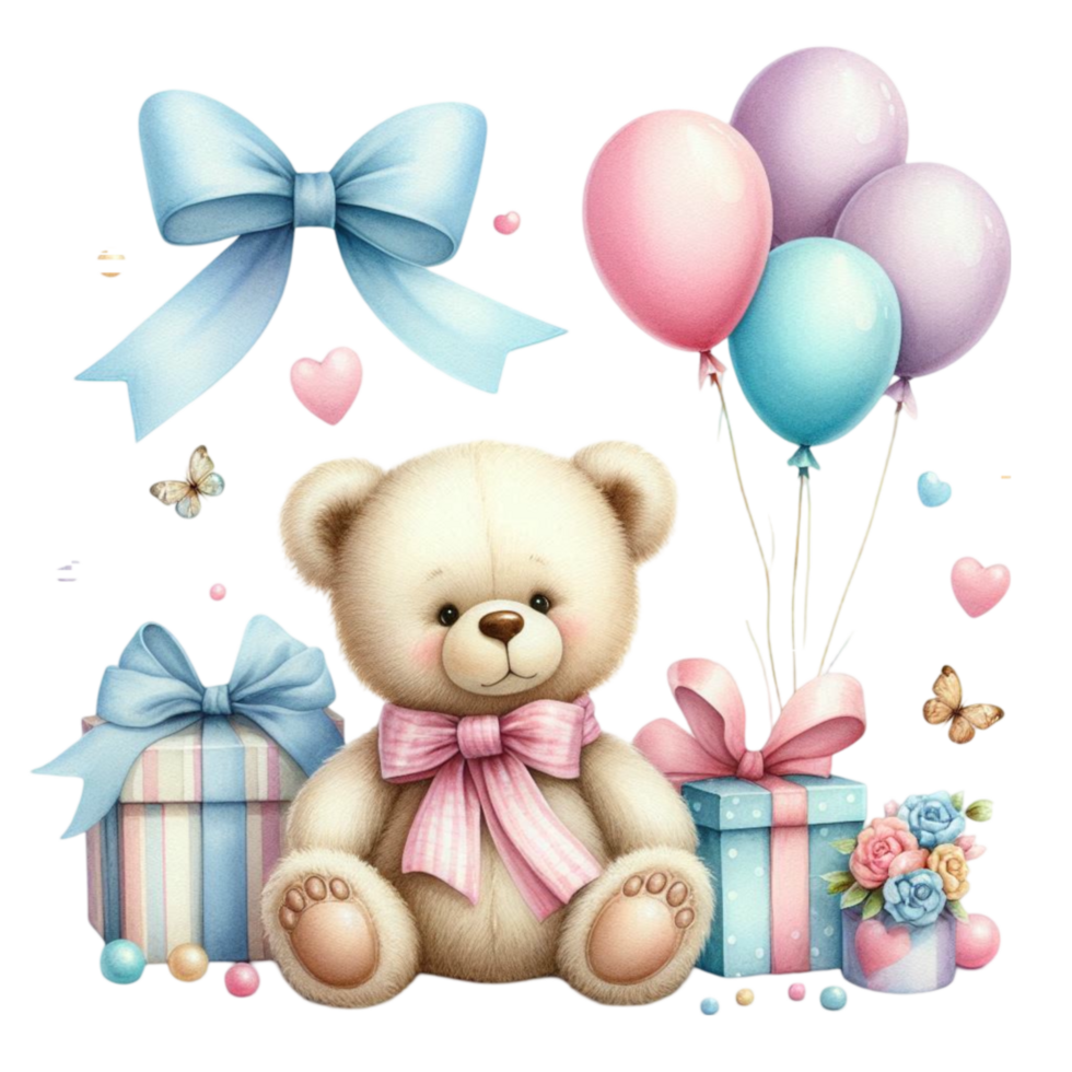 Cute Teddy Bear Sitting in Front of Gift Box, Balloons, and Hearts png