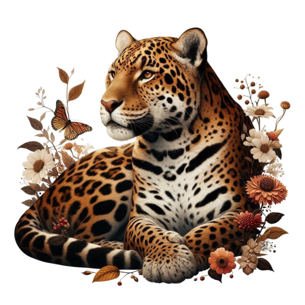Leopard Sitting on a Bed of Flowers with a Butterfly png