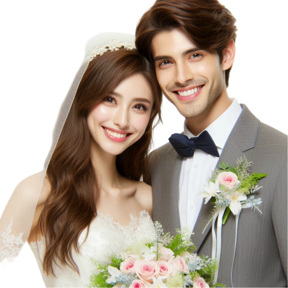 Bride in White Dress, Groom in Gray Suit png