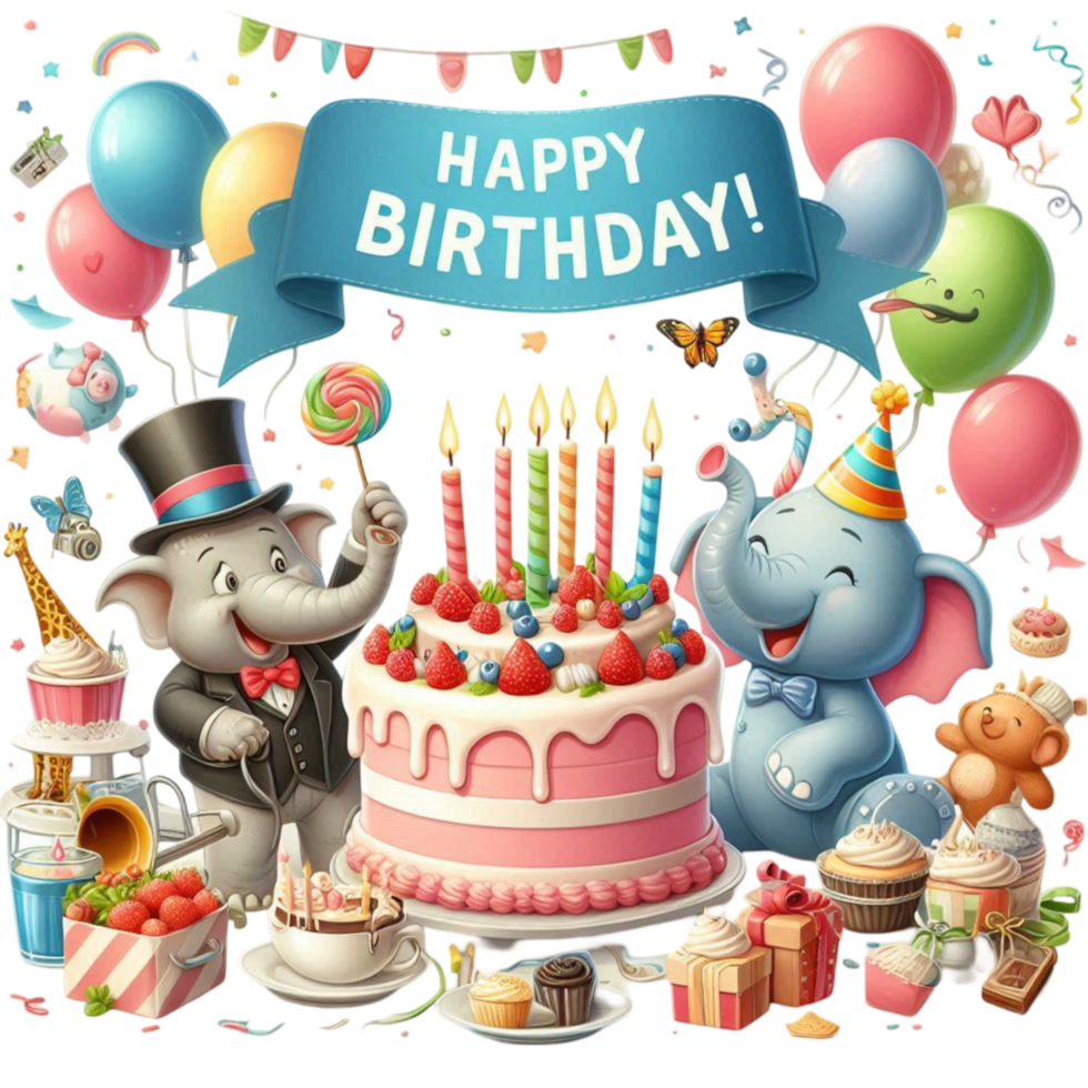 Birthday Celebration Scene with Colorful Characters and Balloons png