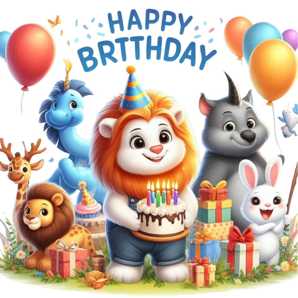 Colorful Birthday Celebration Featuring Various Animals and a Cheerful Lion with a Cake png