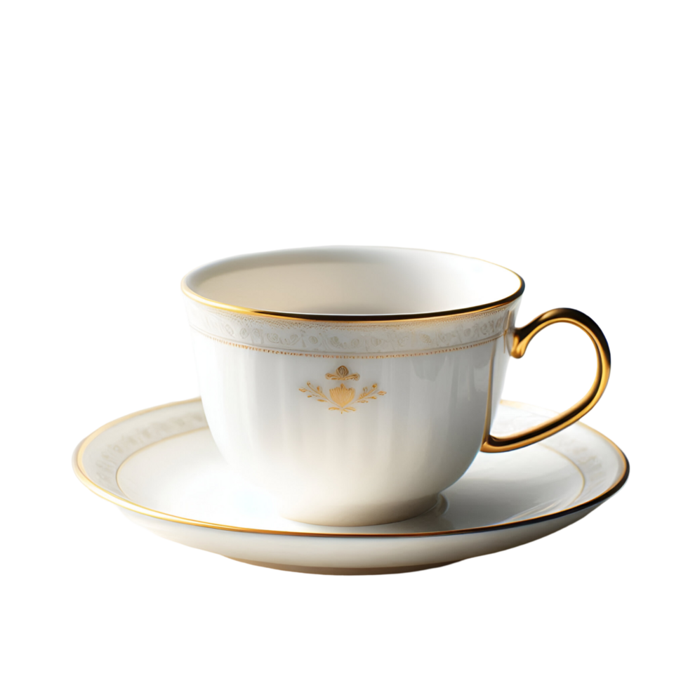 White Porcelain Teacup with Gold Handle on Gold Saucer png