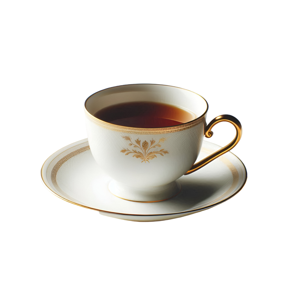 White and Gold Coffee Cup with Saucer on White Surface with Dark Brown Coffee png