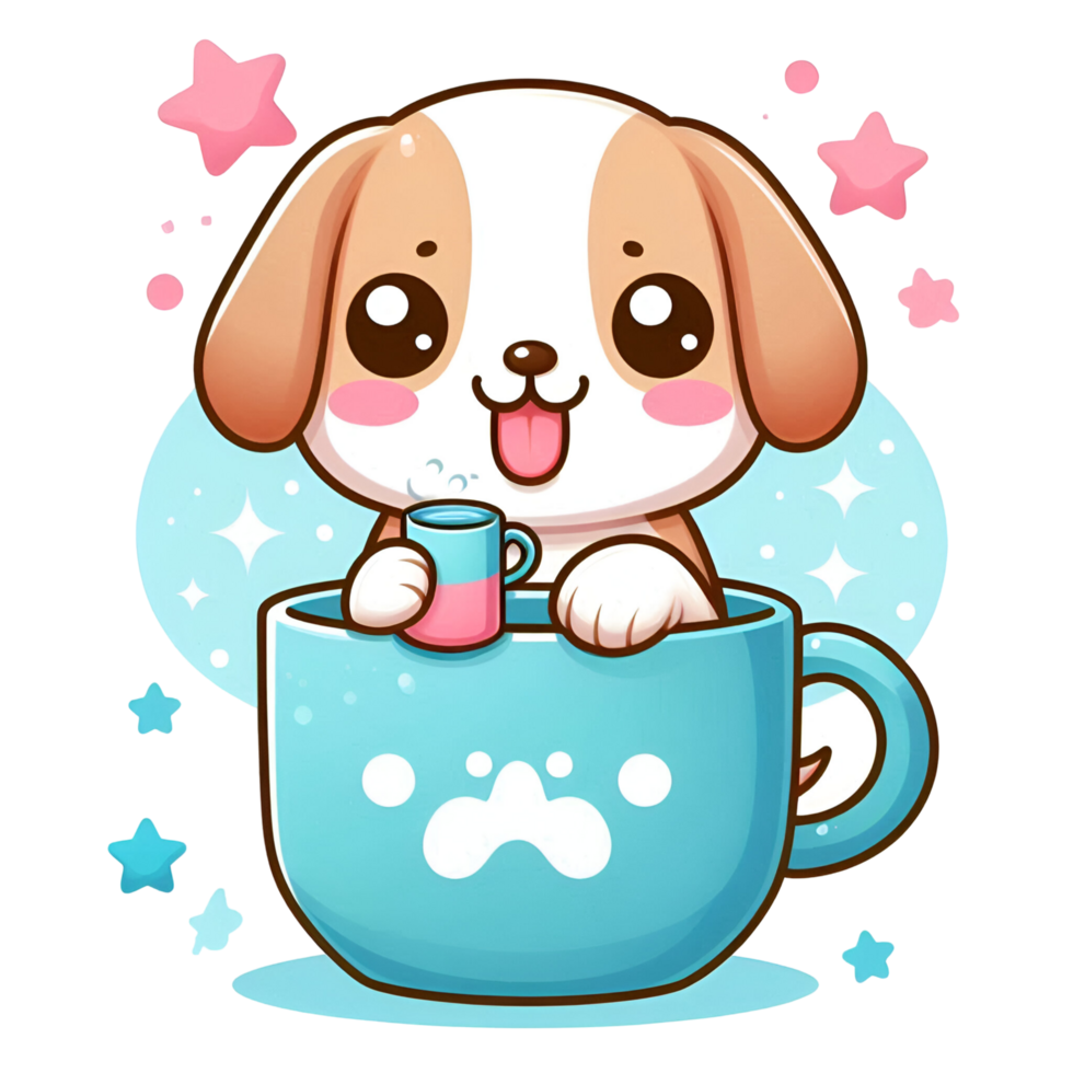 Cute Puppy in a Cup with a Cup of Tea and Stars png