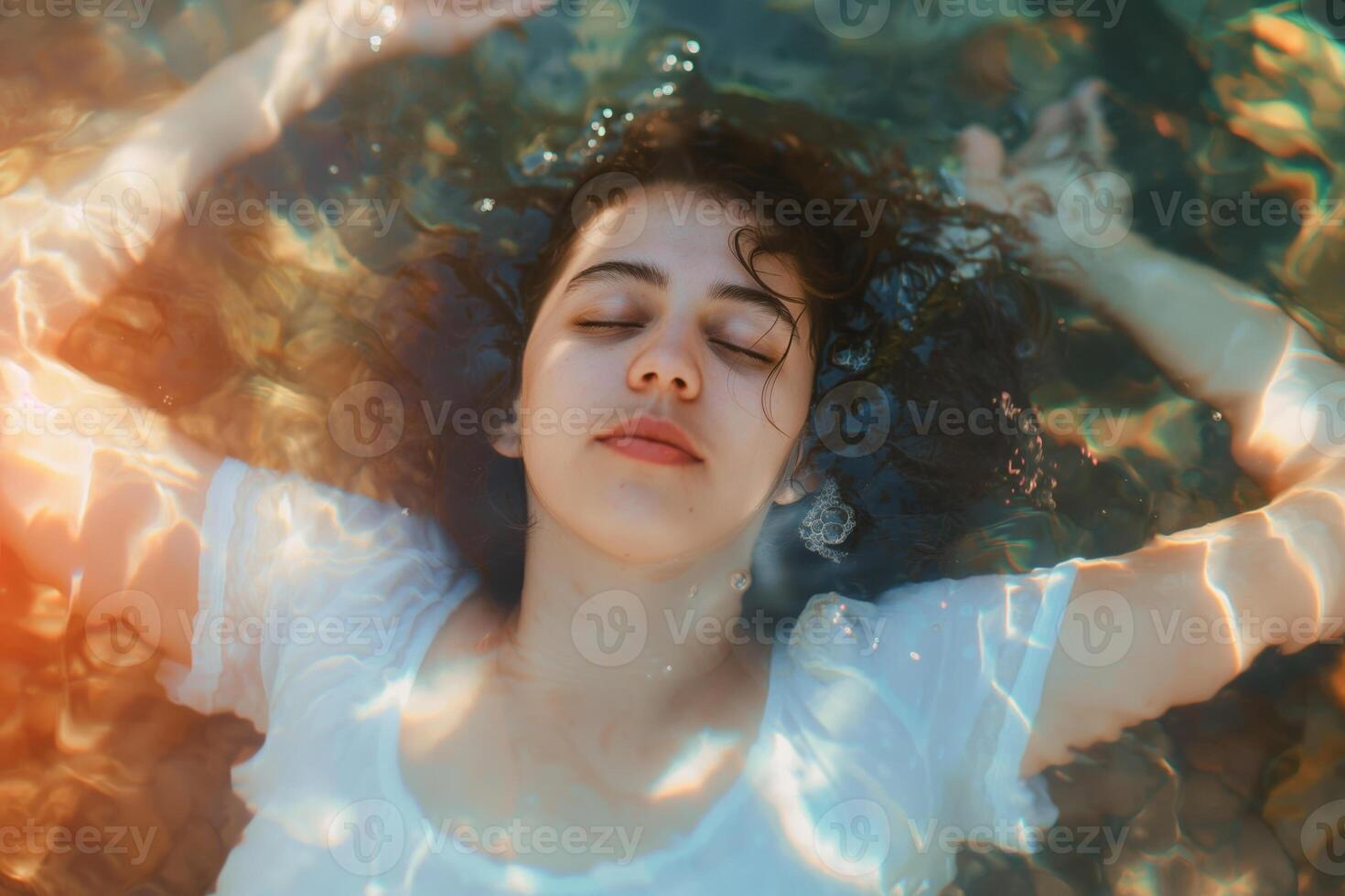 Serene Woman Floating in Sunlit Water photo