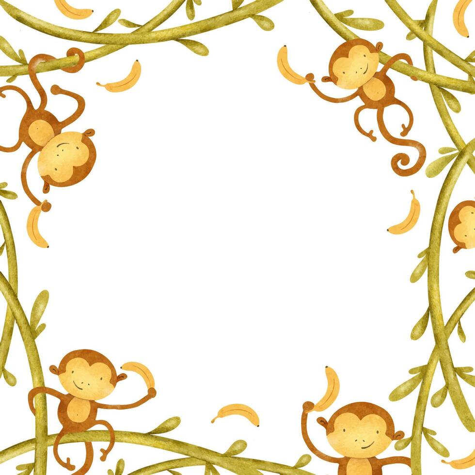 Monkeys swing on vines. Jungle ape, marmosets with bananas on loans. Funny kid's hand drawn watercolor frame of Safari. Baby wreath for children's invitation cards, baby shower, posters vector