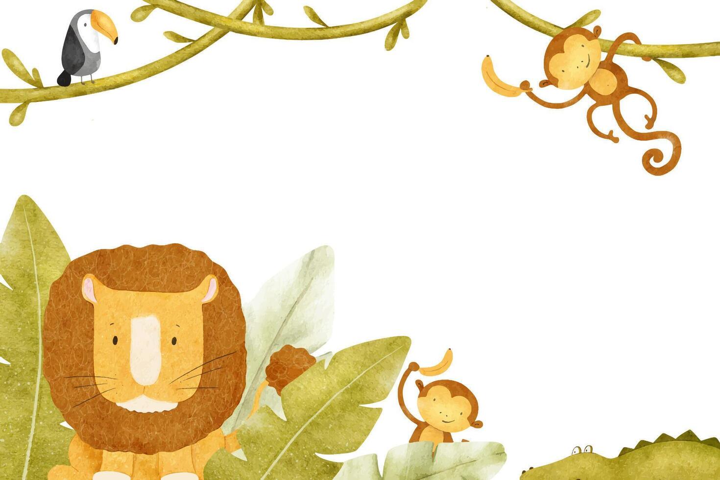 Lion, toucan, crocodile, monkeys with bananas, tropical leaves and leans. Frame of Baby Jungle animals. Funny kid's hand drawn watercolor background of Safari. Layout for children's goods vector