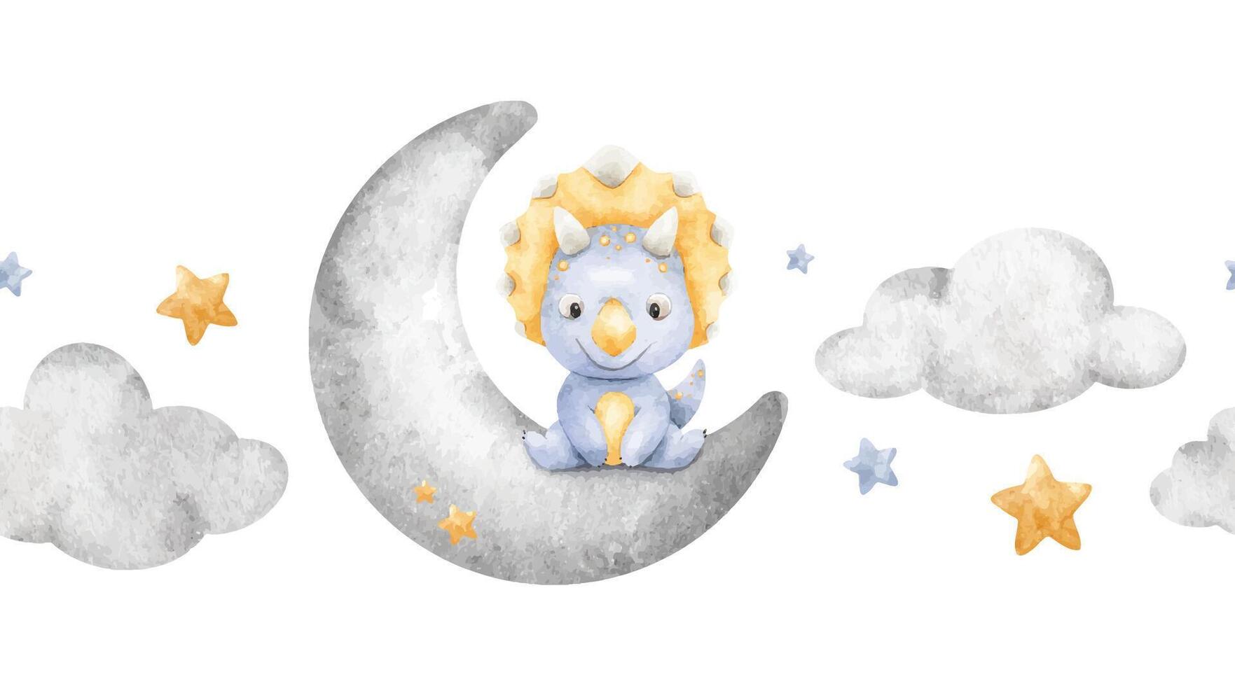 Blue baby dinosaur sitting on Crescent Moon, cloud, stars. Isolated hand drawn Watercolor seamless border. Banner of triceratops for design children's room, kid's goods, cards, scrapbook, baby shower vector