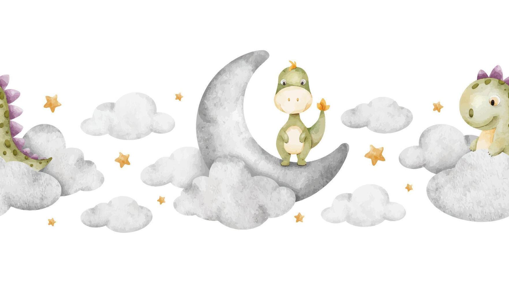 Cute baby dinosaurs sitting on Crescent Moon, clouds, stars. Isolated hand drawn Watercolor seamless border. Background of Tyrannosaurus rex for design children's room, kids goods, baby shower cards vector