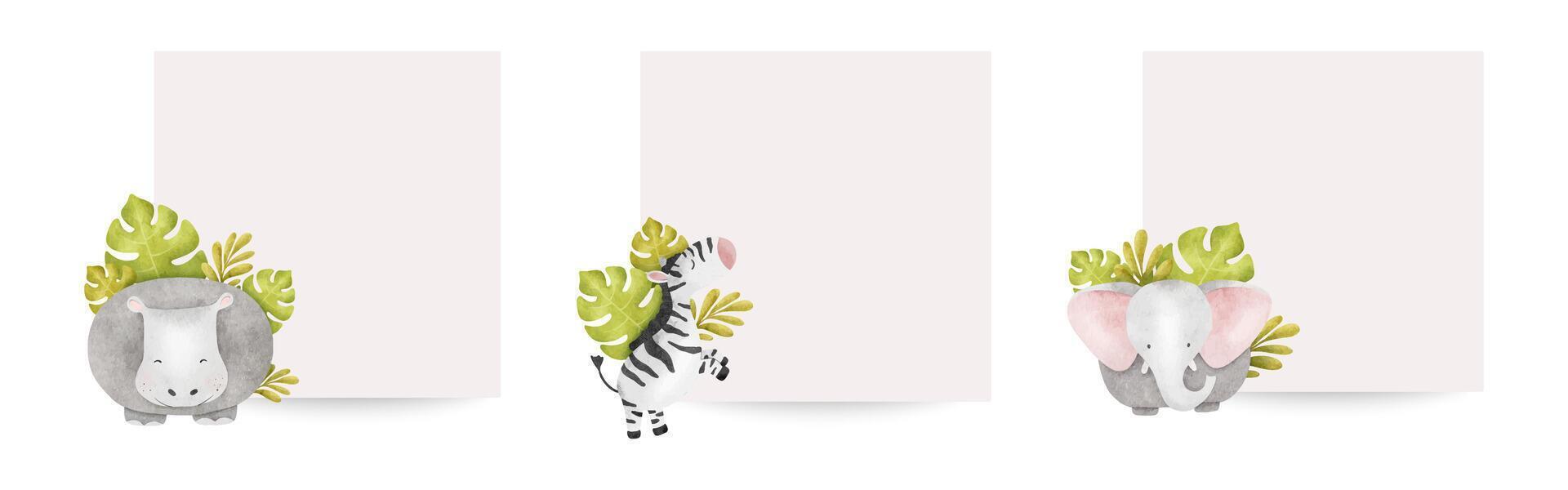 Set of Frames Of jungle animals like zebra, hippopotamus, Elephant and tropical leaves. Isolated hand drawn watercolor backgrounds. Templates of kid's rooms, children's baby shower cards vector
