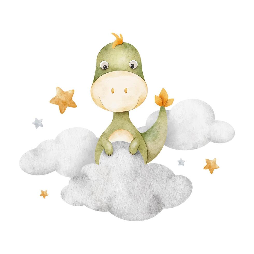 Green baby dinosaur sitting on clouds, stars. Isolated hand drawn Watercolor illustration. Tyrannosaurus rex dinos for design children's room, kid's goods, posters, baby shower cards vector