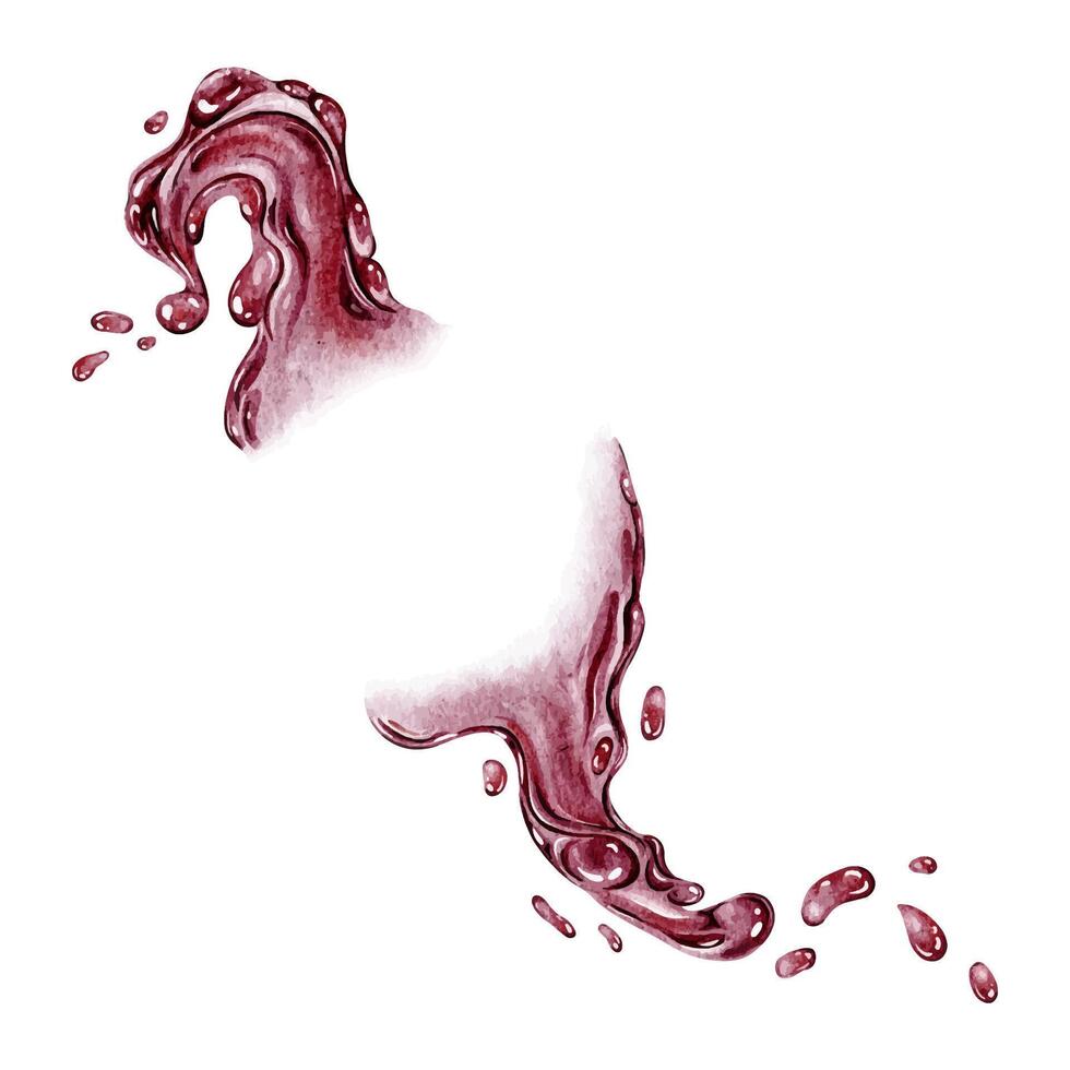 Dynamic red juice splash. Isolated hand drawn watercolor illustration. Liquid splashing, fluid with droplets, liquid for advertising and design beverage vector