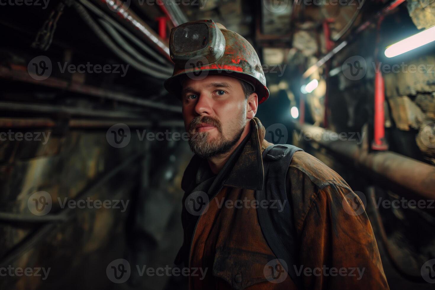 Miner in Underground Tunnel Wearing Safety Gear and Headlamp photo