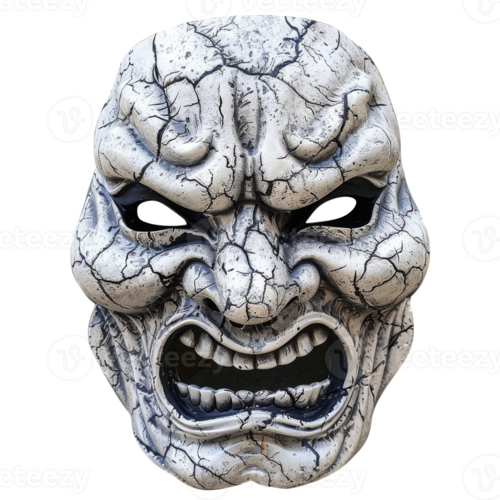 A Cracked White Mask With Black Eyes and Open Mouth png